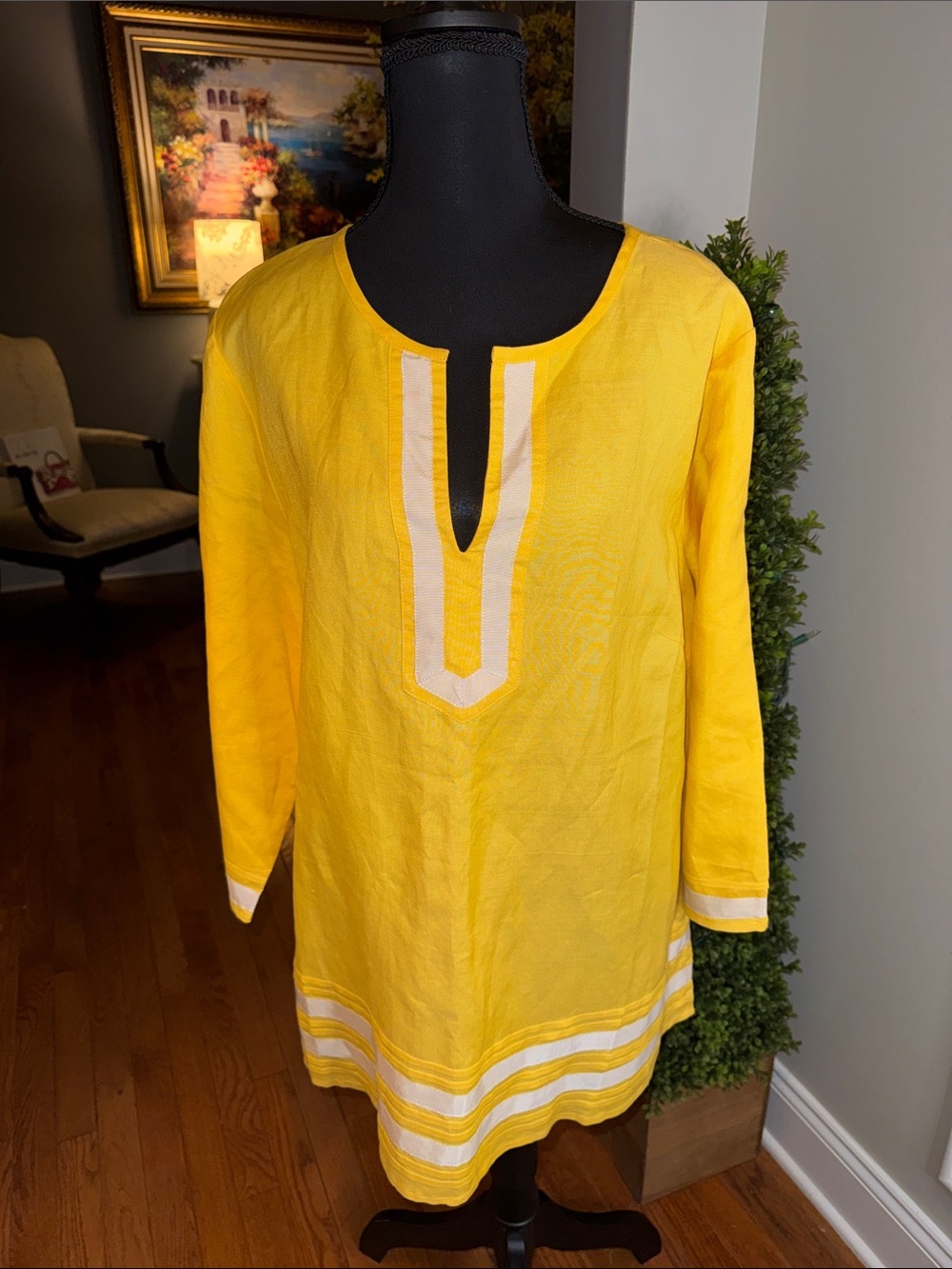 Women's Yellow Linen Tunic with White Trim - NWOT
